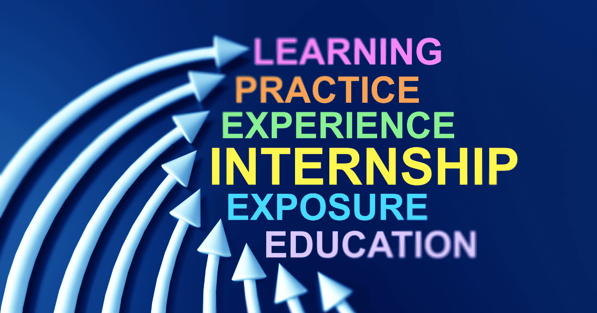 internship graphic with arrows poining to words learning, practice,experience,internship, exposure, education
