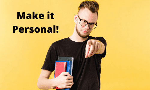 make it personal man with books pointing 
