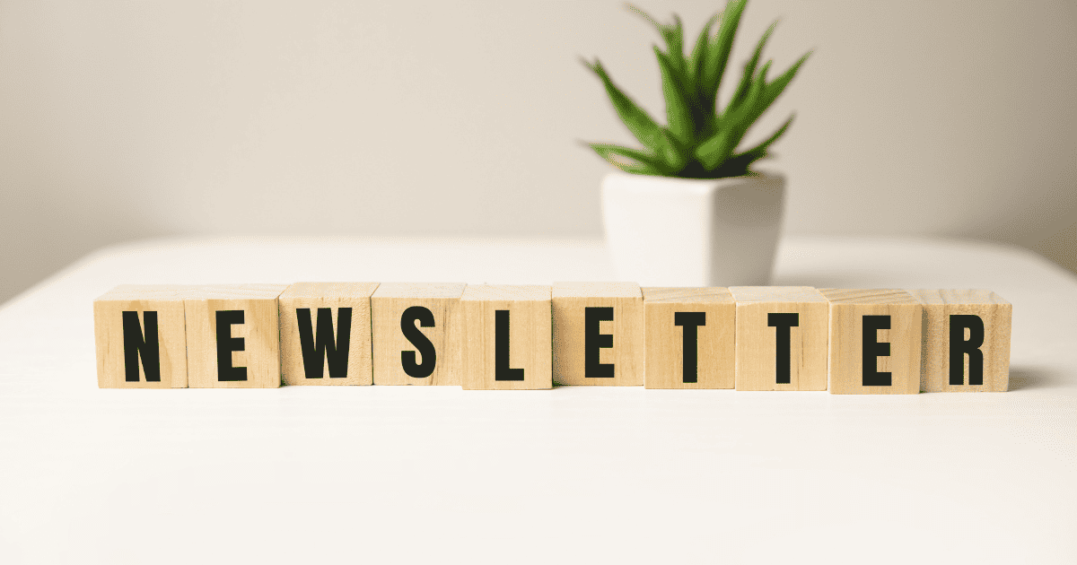 newsletter spelled out with wooden blocls with a plant inthe background