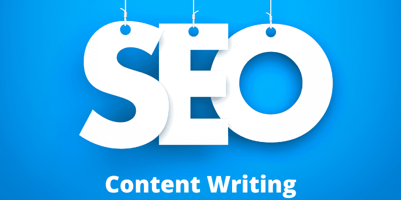 SEO Content Writing spelled out in white letters on a blue background