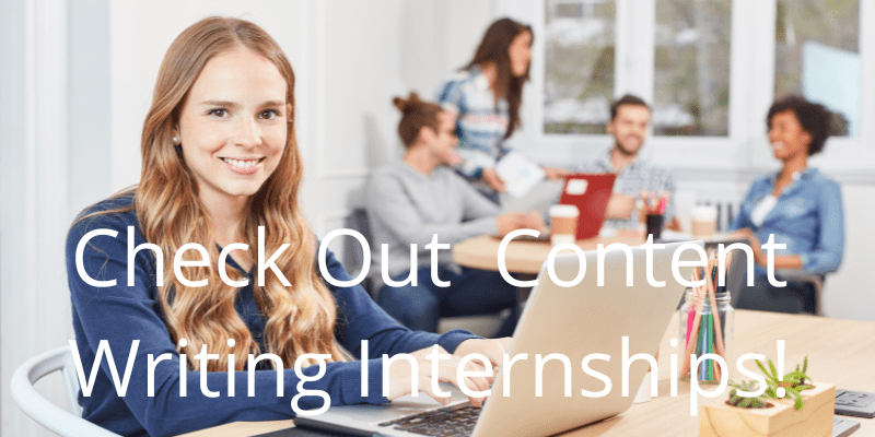 smiling woman at desk in office overlay of "Check Out Content Writing Internship" in white lettersn offi