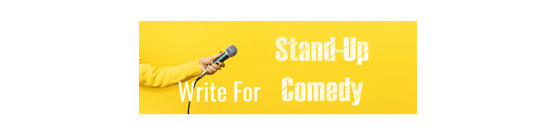 hand holding mike with "write for stand up comedy" on yellow background. 