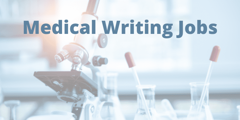 Medical writing jobs on chem lab background.