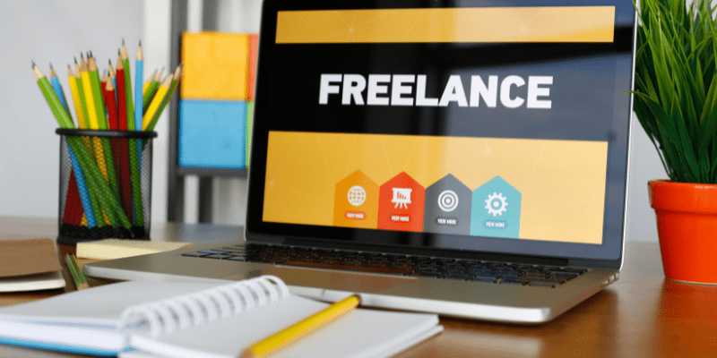 Freelance on PC screen in bright colors. 